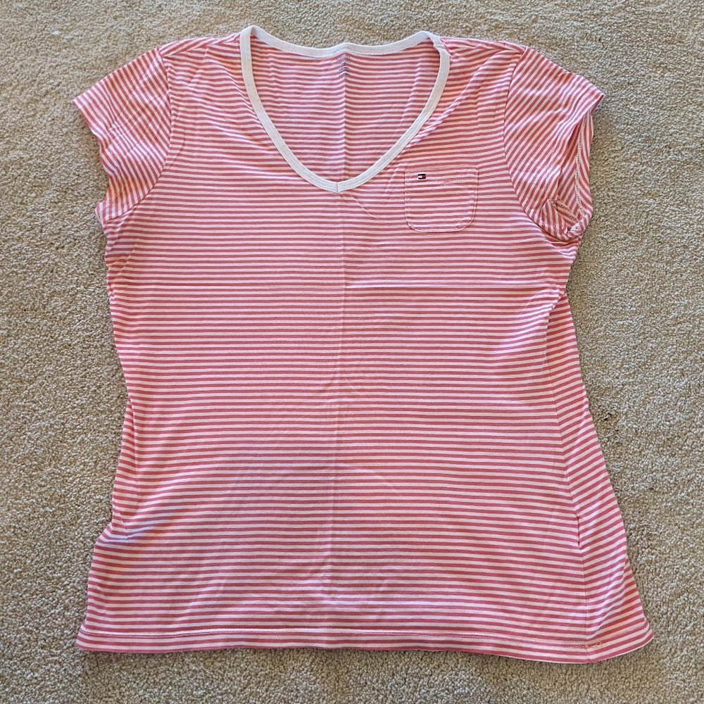 Red and White Striped Tommy Hilfiger Pocket Tee Size L